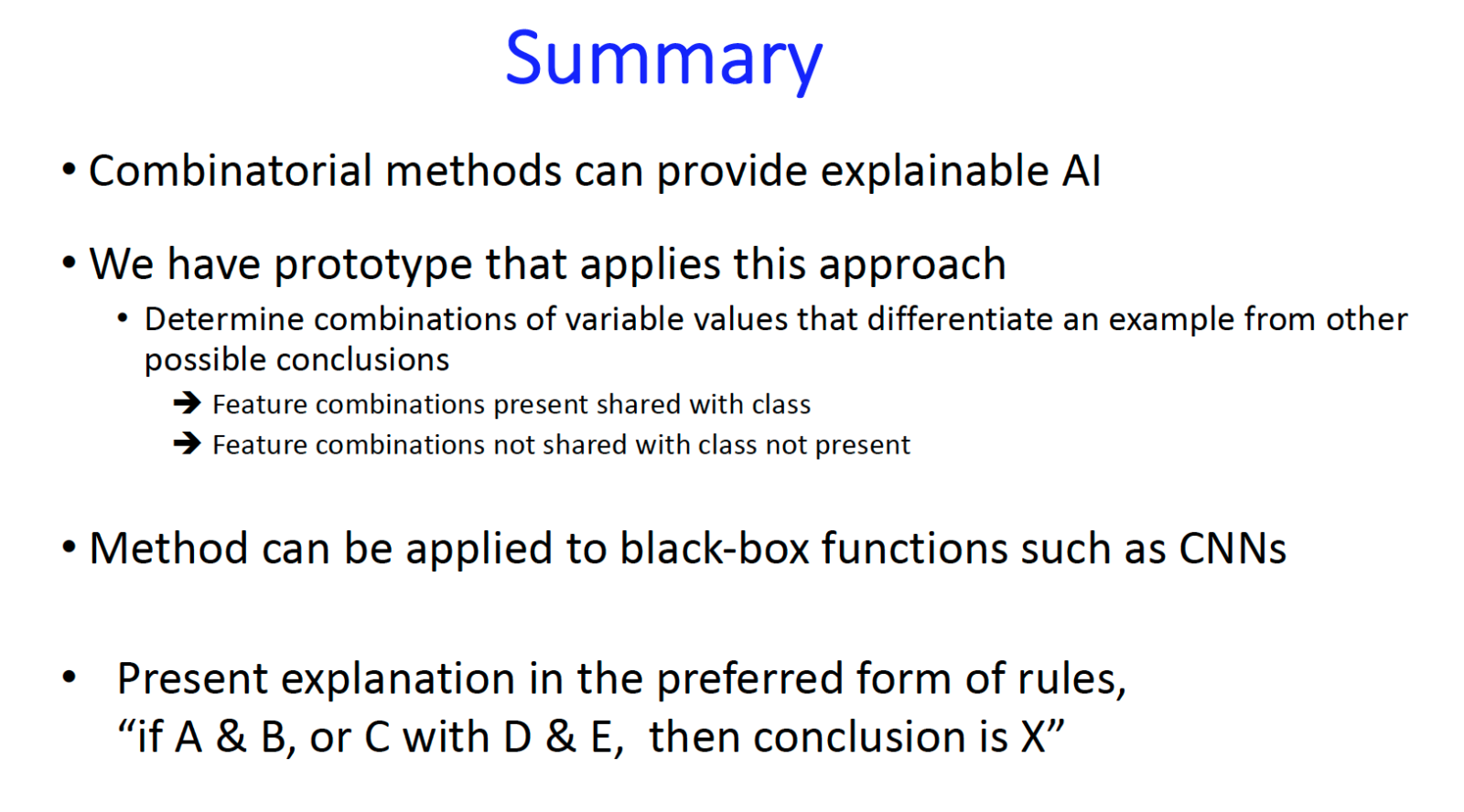 Summary, combinatorial methods and explainable AI