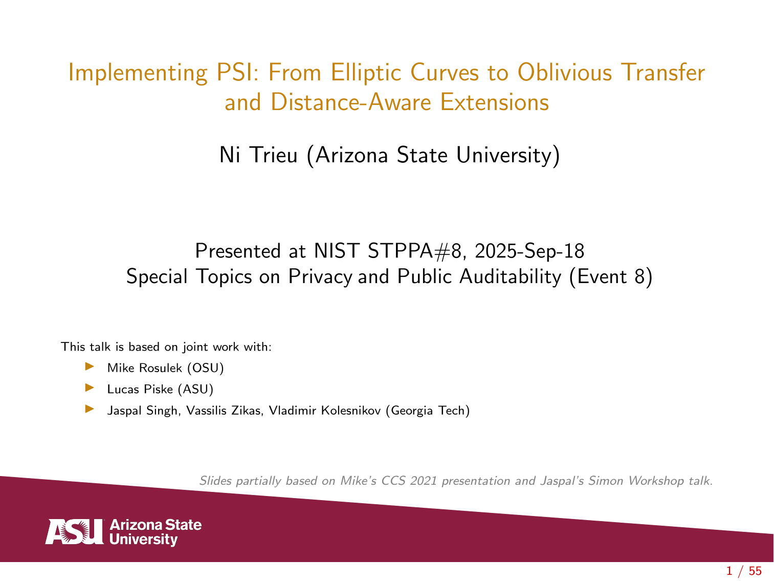 Slide-deck cover: Implementing PSI: From Elliptic Curves to Oblivious Transfer and Distance-Aware Extensions